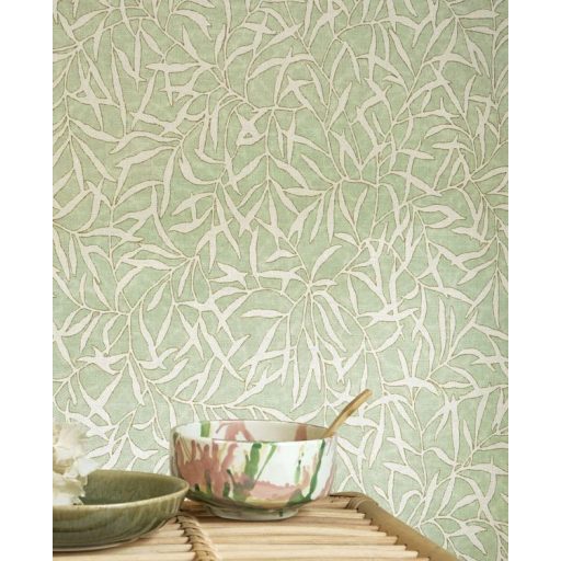 Természetes faldekoráció - bambuszlevél minta zsályazöld és barna tónus tapéta