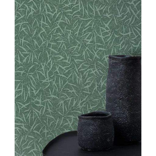 Természetes faldekoráció - bambuszlevél minta lombzöld fekete és zöld tónus tapéta