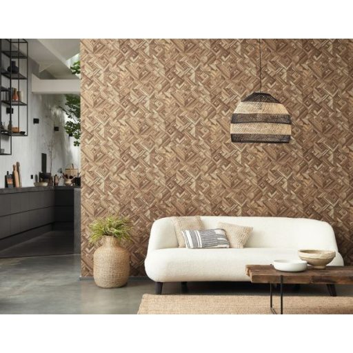 Háromdimenziós természetes szalmafonat minta szemcsés struktúrán dióbarna bézs és szürke tónus tapéta