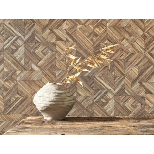 Háromdimenziós természetes szalmafonat minta szemcsés struktúrán dióbarna bézs és szürke tónus tapéta
