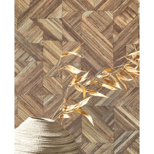 Háromdimenziós természetes szalmafonat minta szemcsés struktúrán dióbarna bézs és szürke tónus tapéta