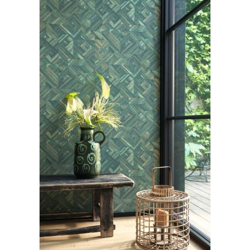 Háromdimenziós természetes szalmafonat minta szemcsés struktúrán lombzöld bézs barna és fekete tónus tapéta