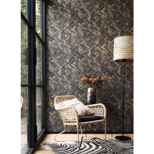 Háromdimenziós természetes szalmafonat minta szemcsés struktúrán anracit barna és szürke tónus tapéta