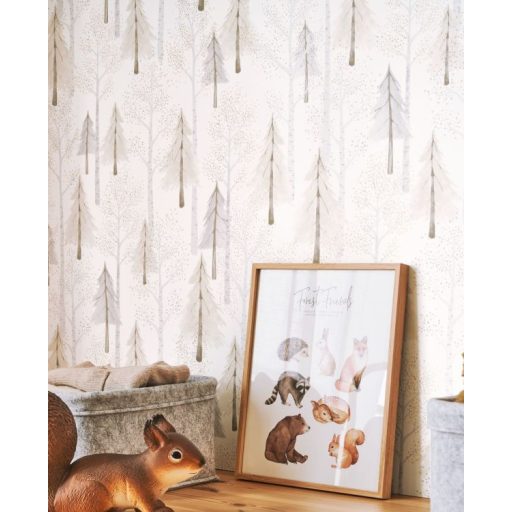 Gyönyörű szinekben pompázó erdő - nyír és fenyőfákkal krémfehér bézs szürke és szürkésbarna tónus tapéta