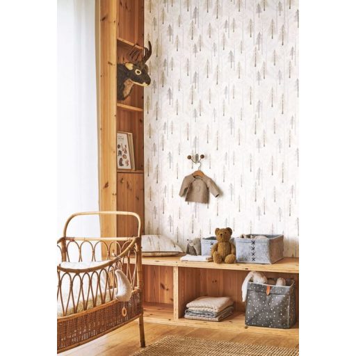 Gyönyörű szinekben pompázó erdő - nyír és fenyőfákkal fehér bézs szürke és szürkésbarna tónus tapéta