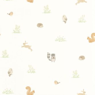   A gyerekek erdei barátai együtt "bandáznak" fehér mandulazöld bézs szürke és szürkésbarna tónus tapéta