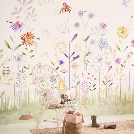 Kert egy gyermek szemszögéből - mezei virágok és csigák fehér szines falpanel "M" méret