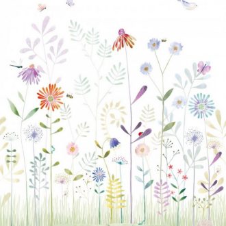   Kert egy gyermek szemszögéből - mezei virágok és csigák fehér szines falpanel "L" méret