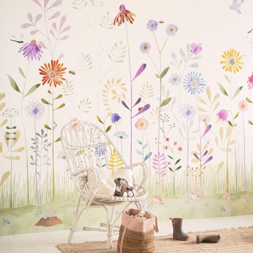 Kert egy gyermek szemszögéből - mezei virágok és csigák fehér szines falpanel "S" méret