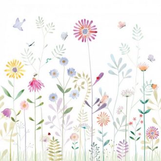   Kert egy gyermek szemszögéből - mezei virágok és békák fehér szines falpanel "L" méret