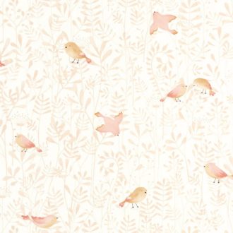   Lombok hátterében madarak repdesnek csipegetnek - egy igazi madárház krémfehér rózsaszín és bézs tónus tapéta