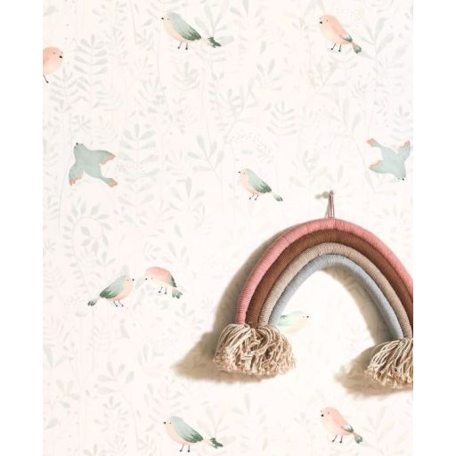 Lombok hátterében madarak repdesnek csipegetnek - egy igazi madárház krémfehér égszínkék rózsaszín és bézs tónus tapéta