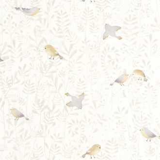   Lombok hátterében madarak repdesnek csipegetnek - egy igazi madárház krémfehér szürke szürkésbézs és sárga tónus tapéta