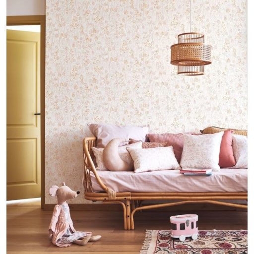 Szellőben kibontakozó vibráló szárak levelek krémfehér bézs rózsaszín és narancs tónus tapéta