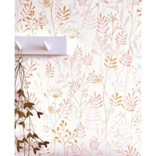 Szellőben kibontakozó vibráló szárak levelek krémfehér bézs rózsaszín és narancs tónus tapéta