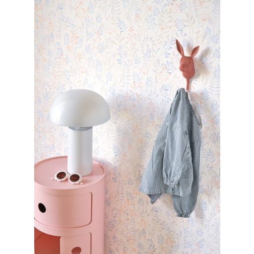 Szellőben kibontakozó vibráló szárak levelek krémfehér égszínkék bézs szürke és narancs tónus tapéta