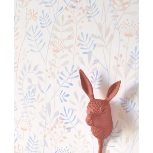 Szellőben kibontakozó vibráló szárak levelek krémfehér égszínkék bézs szürke és narancs tónus tapéta