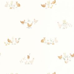   A farm sztárjai : kíváncsi cicák csipkelődő tyúkok és éhes nyulak krémfehér barna sárga és szines tónus tapéta