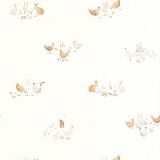   A farm sztárjai : kíváncsi cicák csipkelődő tyúkok és éhes nyulak krémfehér barna sárga és szines tónus tapéta