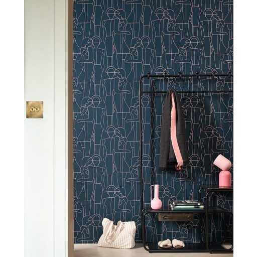 Grafikus lineáris design a divat témájához - modellek marionettbábuként ábrázolva petrolkék és fényes ultraviola tónus tapéta