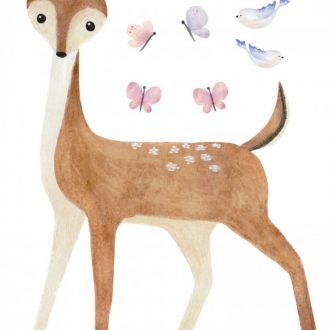   Szelíd őzgida pillangókkal és madarakkal fehér őzbarna és szines tónus falmatrica