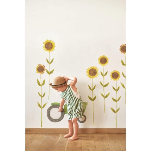 Mosolygó napraforgó motívum fehér napsárga barna és zöld tónus falmatrica