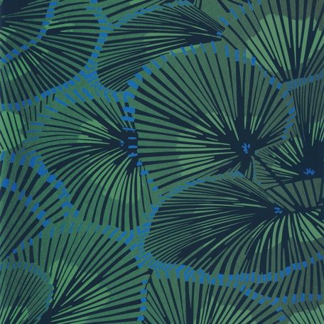 Híres New Yorki kabarék inspirálták - nagy stilizált legyezők antracit lombzöld és kék/acélkék tónus irizáló részletek tapéta