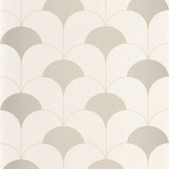   Ívelt egymást átfedő félkörök geometrikus Art Deco stílusú mintája lenbézs ezüstszürke és arany tónus irizáló részletek tapéta