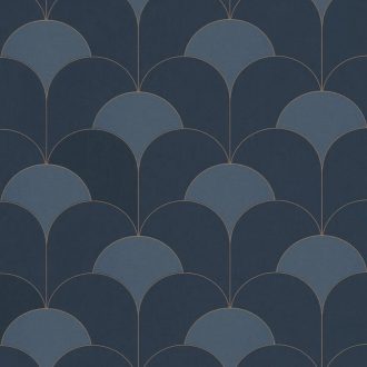   Ívelt egymást átfedő félkörök geometrikus Art Deco stílusú mintája viharkék sötétkék és arany tónus irizáló részletek tapéta