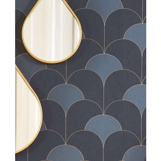 Ívelt egymást átfedő félkörök geometrikus Art Deco stílusú mintája viharkék sötétkék és arany tónus irizáló részletek tapéta