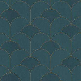   Ívelt egymást átfedő félkörök geometrikus Art Deco stílusú mintája sötétzöld lombzöld és arany tónus irizáló részletek tapéta