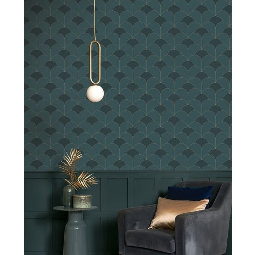 Ívelt egymást átfedő félkörök geometrikus Art Deco stílusú mintája sötétzöld lombzöld és arany tónus irizáló részletek tapéta