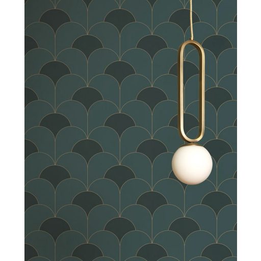 Ívelt egymást átfedő félkörök geometrikus Art Deco stílusú mintája sötétzöld lombzöld és arany tónus irizáló részletek tapéta