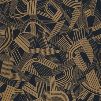   Zene falainknak! Összekuszált hárfák és hanyagul eldobott kották Art Deco mintája fekete és arany tónus matt fényes játék tapéta