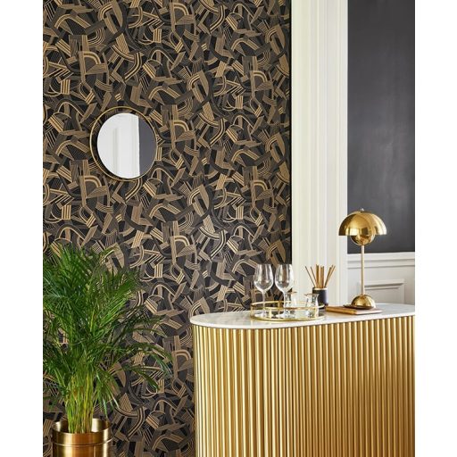 Zene falainknak! Összekuszált hárfák és hanyagul eldobott kották Art Deco mintája fekete és arany tónus matt fényes játék tapéta