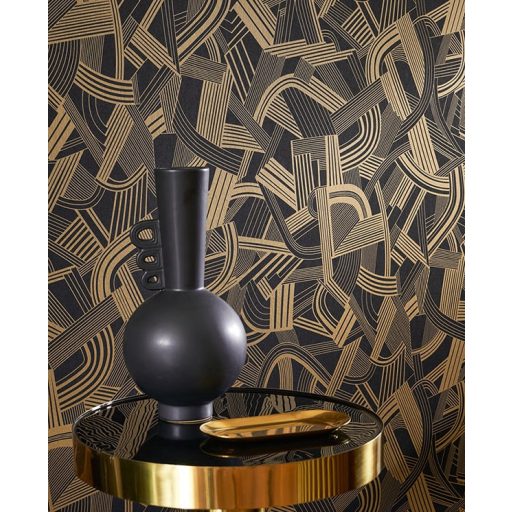 Zene falainknak! Összekuszált hárfák és hanyagul eldobott kották Art Deco mintája fekete és arany tónus matt fényes játék tapéta