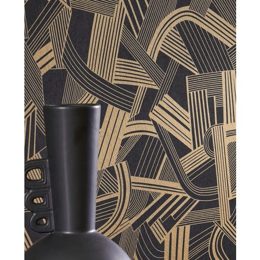 Zene falainknak! Összekuszált hárfák és hanyagul eldobott kották Art Deco mintája fekete és arany tónus matt fényes játék tapéta
