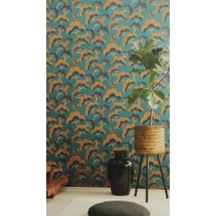   Ikonikus motívum - elegáns japán fehér fenyő minta terepkék barna szürkésbézs és sötétkék tónus irizáló díszítő hatás tapéta