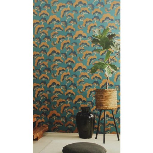 Ikonikus motívum - elegáns japán fehér fenyő minta terepkék barna szürkésbézs és sötétkék tónus irizáló díszítő hatás tapéta