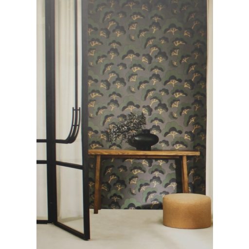 Ikonikus motívum - elegáns japán fehér fenyő minta tajgazöld barna és sötétszürke tónus irizáló díszítő hatás tapéta