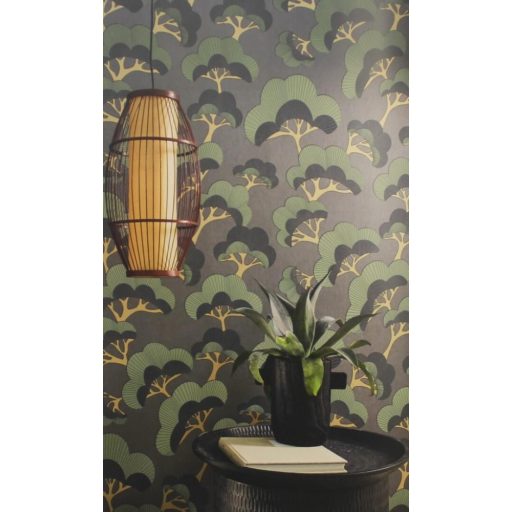 Ikonikus motívum - elegáns japán fehér fenyő minta antracit sötét khakizöld barna és fekete tónus irizáló díszítő hatás tapéta