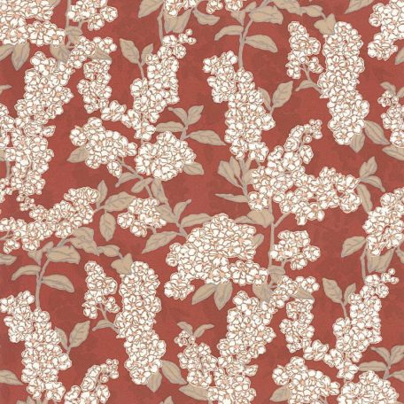 Japán legnépszerűbb motívuma - zarándoklat a cseresznye virágzáshoz kárminpiros bézs és fehér tónus fémes hatás tapéta
