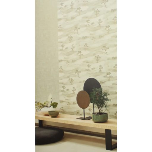 Idilli lankás japán táj bonsaifákkal tollszürke bézs szürke és barna tónus irizáló és gyöngyház részletek tapéta