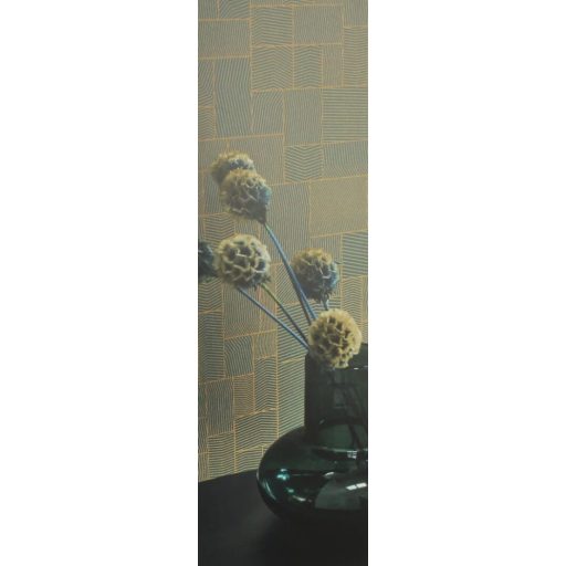 Tatami által inspirált geometrikus harmonikus mikrominta zöldeskék és arany tónus irizáló díszítésű vonalak tapéta