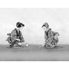  Gésák teaszertartása - portré rajzolt művészi ábrázolás fehér szürke és fekete tónus falpanel