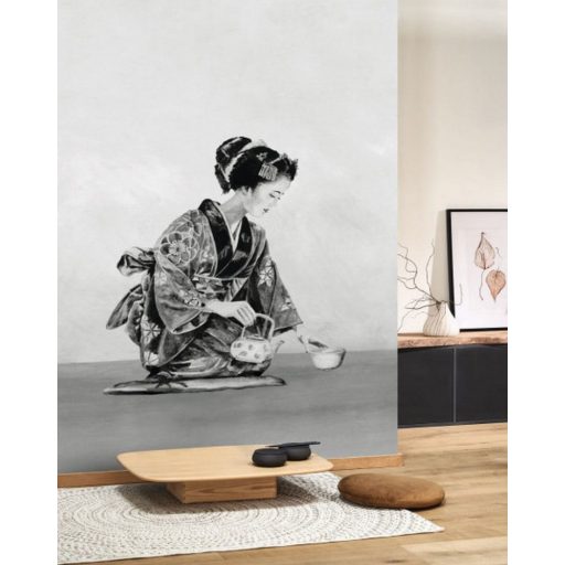 Gésák teaszertartása - portré rajzolt művészi ábrázolás fehér szürke és fekete tónus falpanel