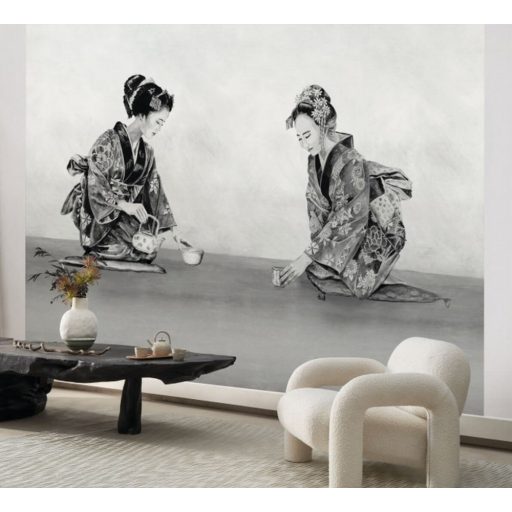 Gésák teaszertartása - portré rajzolt művészi ábrázolás fehér szürke és fekete tónus falpanel