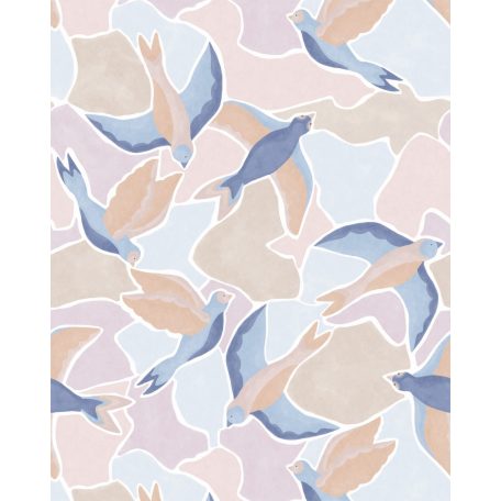 Ég felé szálló madarak stilizált kissé absztrakt megjelenítése "M" fehér kék rózsaszín és bézs/sárgásbézs tónus falpanel