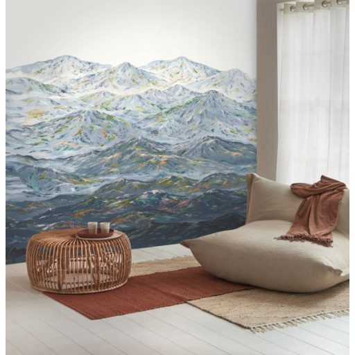 A Sziklás hegység vonulatai gouache festésű szines növényzettel "L" fehér kék szürke szines falpanel