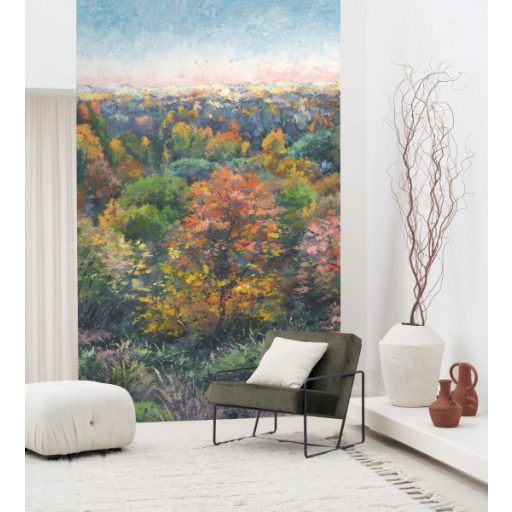 Fenséges őszi erdő gouache festésű szines lombozattal "M" zöld sárga vörös szines falpanel